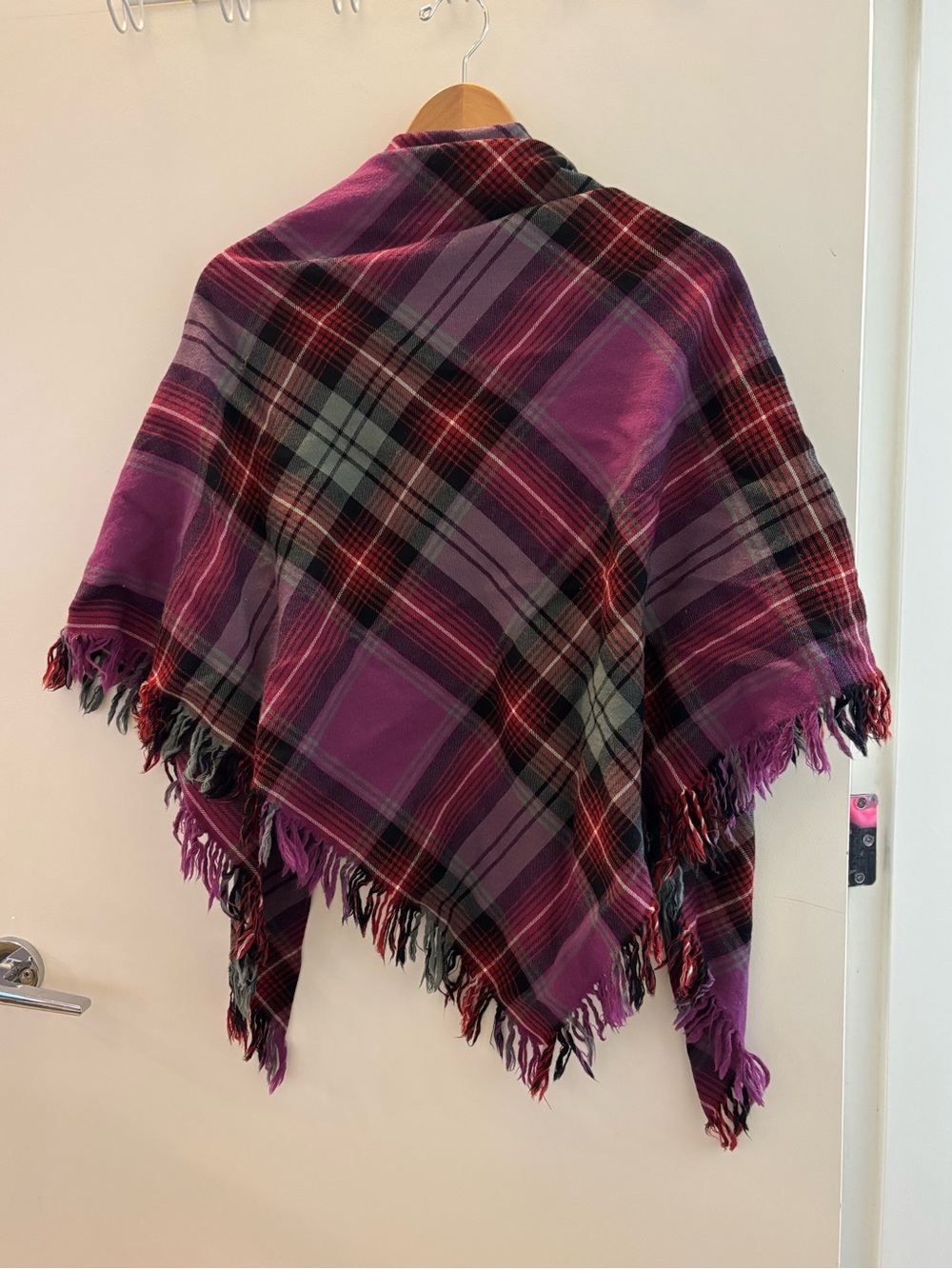 Oversized Purple Tartan Plaid Triangle Shawl Scarf Fringe